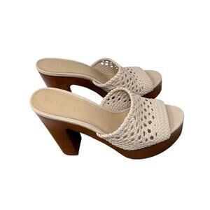 Veronica Beard Guadalupe Platform High Block Heel Sandals Beige Woven Womens 7.5